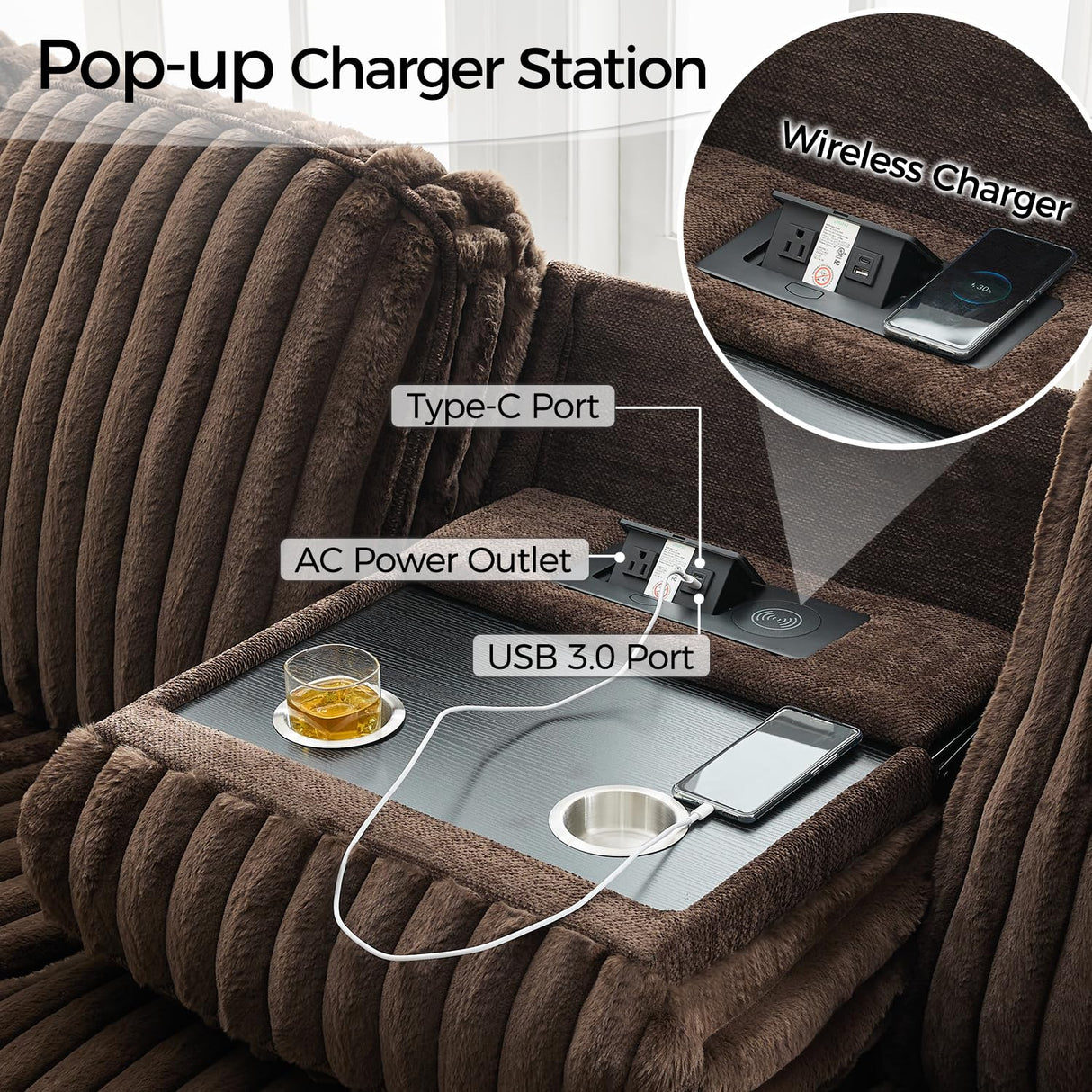 Power Electric Reclining Sectional Sofa with Wireless Charger for Living Room, Plush Faux Fur Sectional Couch with Recliner, 6 Seaters Comfy Recliner Corner Sectionals Sets with Cup Holders, Brown Comfort Stretch