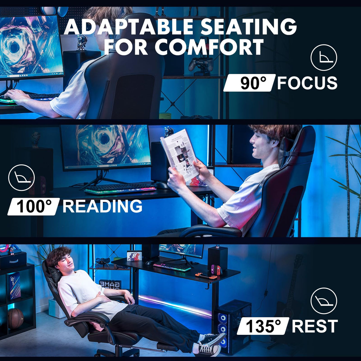 GTPLAYER Gaming Chair, High Back Leather Computer Gaming Chair with Footrest, Ergonomic Height Adjustable Office Chair with Removable Cover and Lumbar Support for Gaming and Work (Black) GTPLAYER