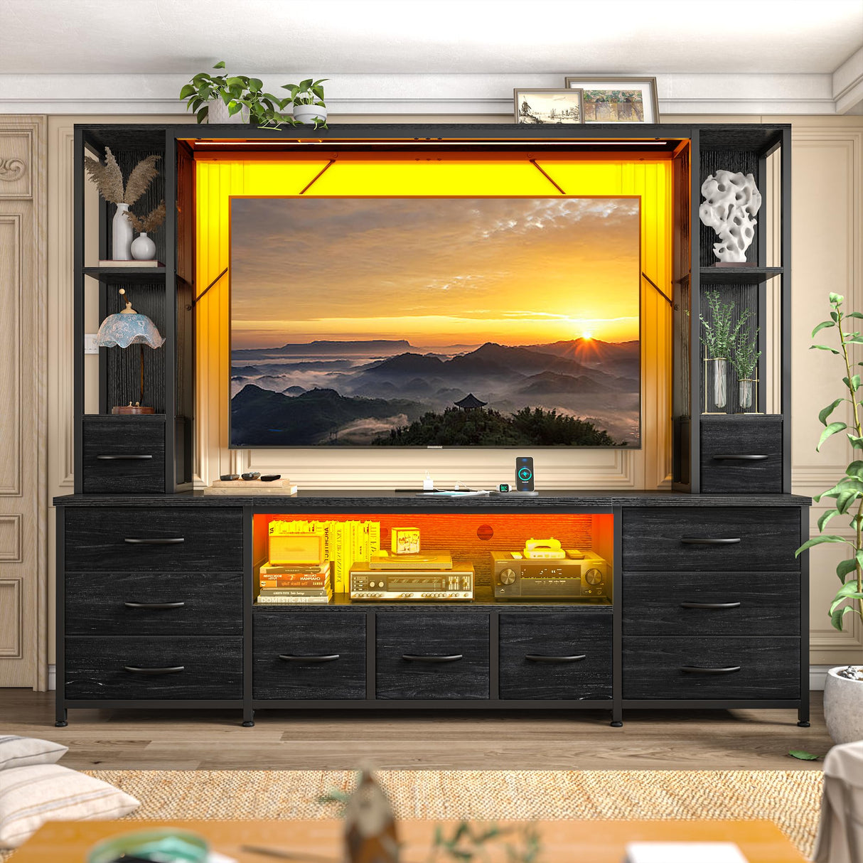 65" TV Stands for Living Room, Large Wall Unit Entertainment Center with 11 Fabric Drawer,Dresser TV Stand with 2 LED Lights & Power Outlets,TV Stand for Bedroom with Storage Shelf,Black EnHomee