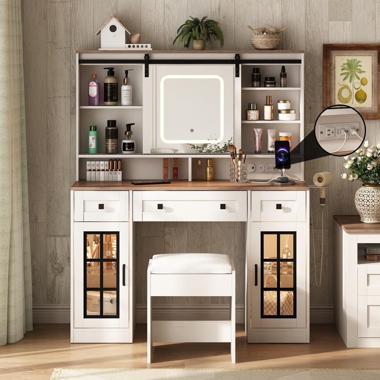 Fameill 45.5'' Farmhouse Makeup Vanity Desk with Sliding Mirror, Vanity Table with 3 Drawers and 2 Cabinets, Charging Station & LED Lights, Storage Shelves, Stool Included, Dressing Table for Bedroom Fameill