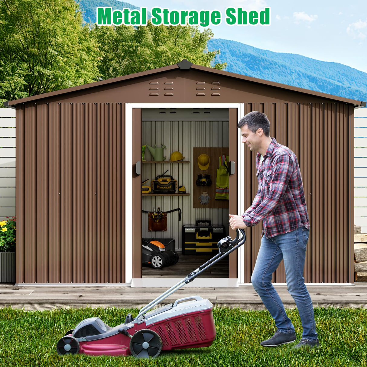 Acekool 8x10 FT Outdoor Metal Storage Shed, Large Garden Tool Shed with Lockable Door and Vents, Waterproof Galvanized Metal Sheds for Tools & Equipment, Garbage Can, Bike, Mower, Brown Acekool