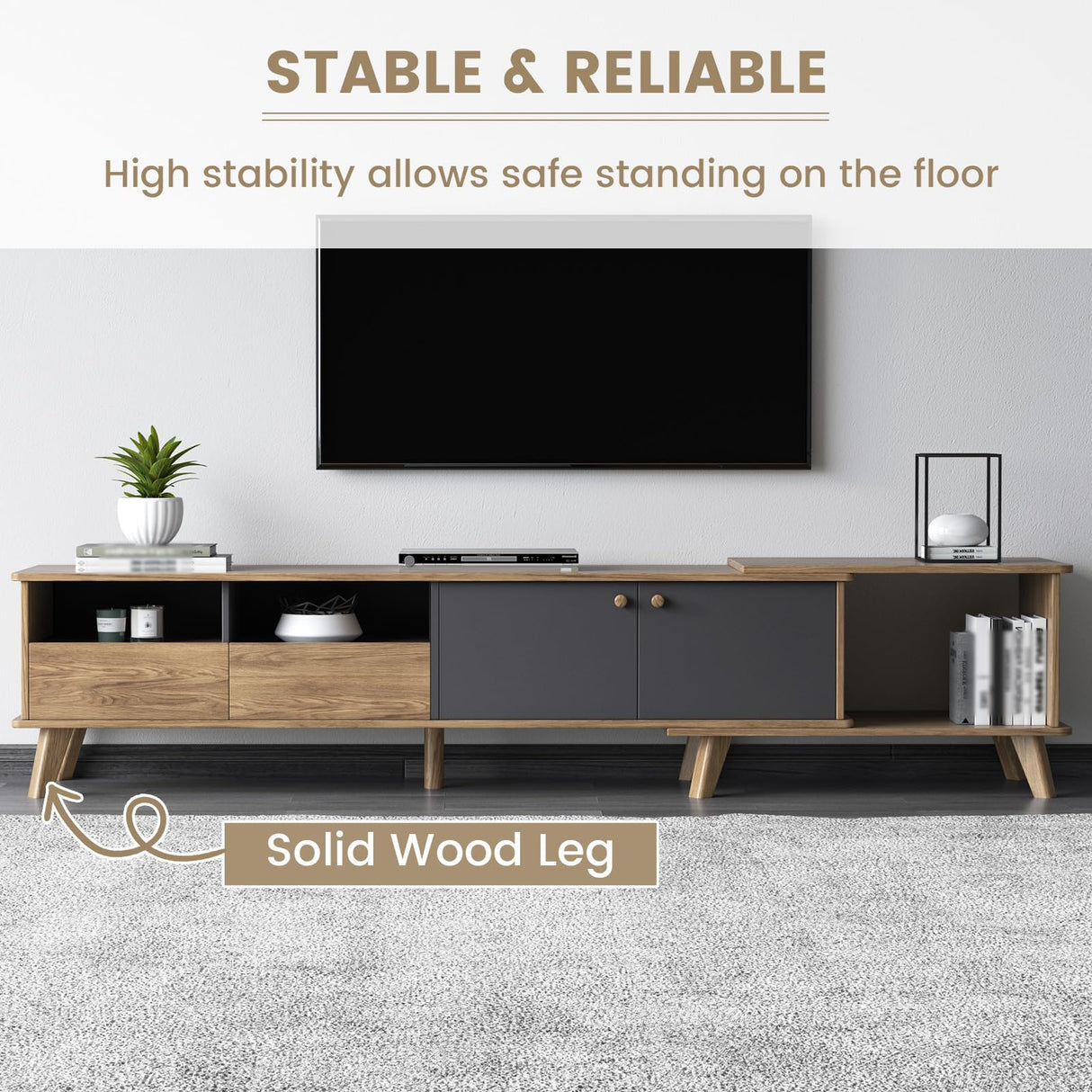 GlimBiz Extendable TV Stand, Mid Century Modern TV Stand for 55/60/65 inch TV, Farmhouse TV Stand, Entertainment Center with Storage, TV and Media Consol for Living Room GlimBiz