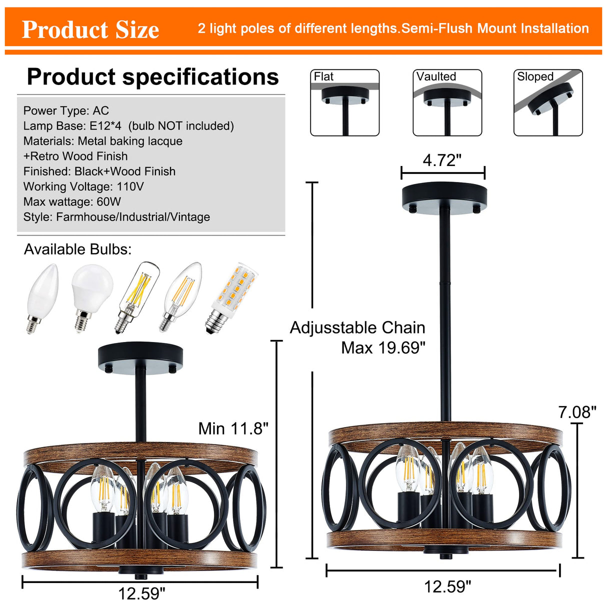 Faibra 4-Light Farmhouse Drum Pendant Light,12.6'' Nature Wood Texture Vintage Rustic Chandeliers Black Metal Industrial Hanging Light Fixtures for Entryway, Bedroom Dining Room Faibra