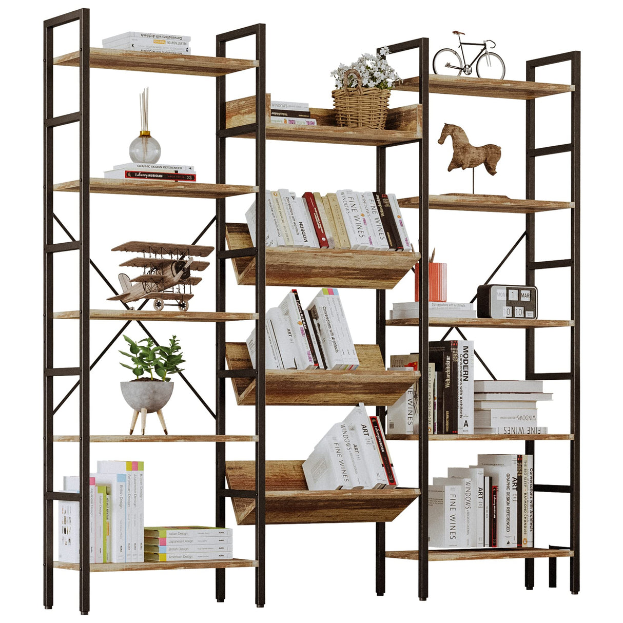 IRONCK Bookshelves and Bookcases 5 Tiers, Triple Wide Industrial Bookshelf, Large Etagere Bookshelf, Display Storage Bookshelves with Metal Frame for Living Room, Home Office IRONCK