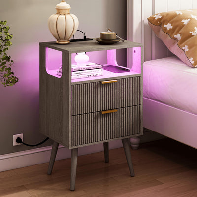 JOONEE Nightstand with Charging Station and LED Lights,Modern Bedside Table with 2 Storage Drawer and Open Wood Shelf, for Bedroom and Small Spaces,Night Stand with Solid Wood Legs,GreyOak