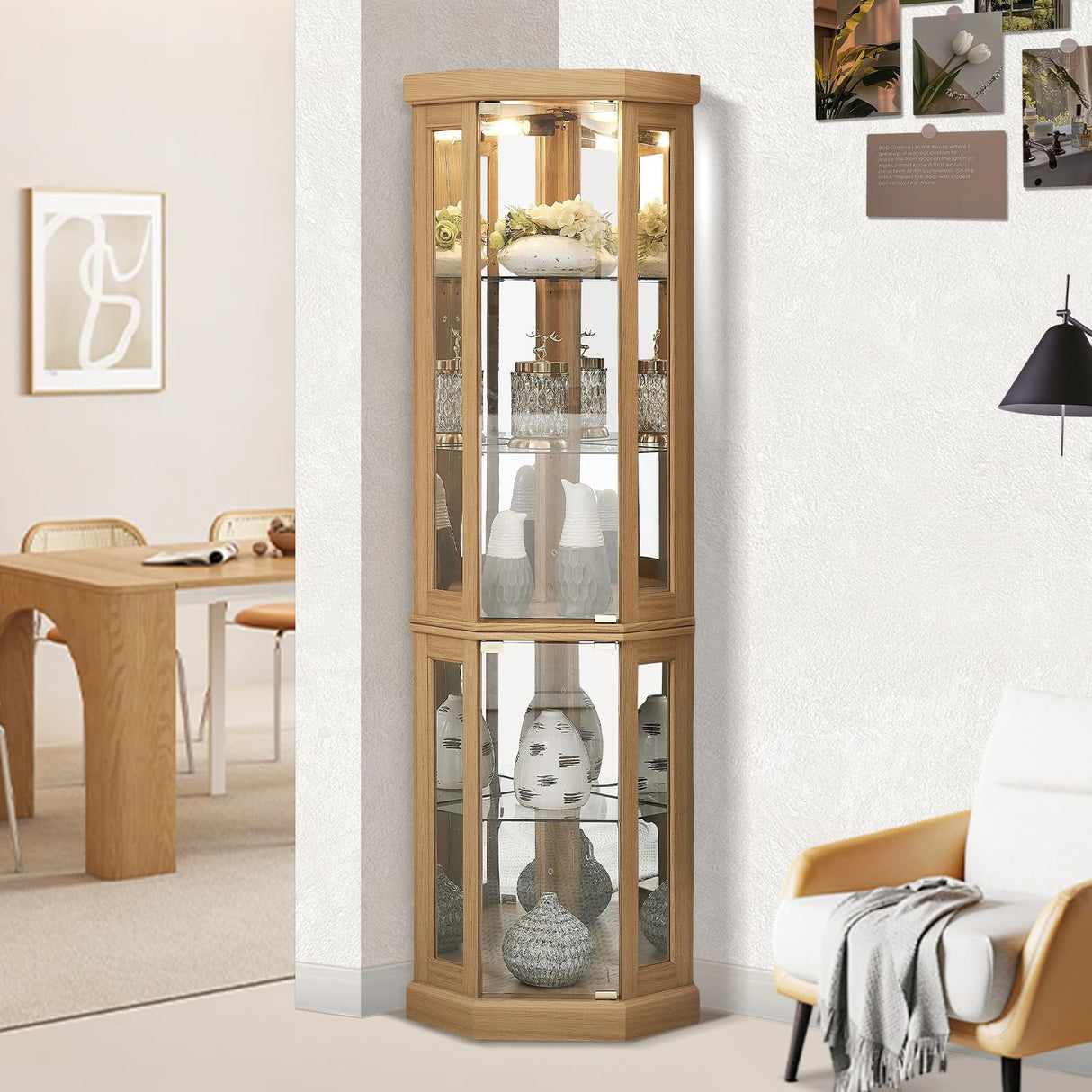 XUWANSHANG Corner Curio Cabinets,Lighted 3-Side Glass Display Curio Cabinet, Curved Wood Corner Cabinet,Curio Cabinets with Glass Doors,Adjustable Shelves,Curio Cabinet for Living Room,Light Oak XUWANSHANG