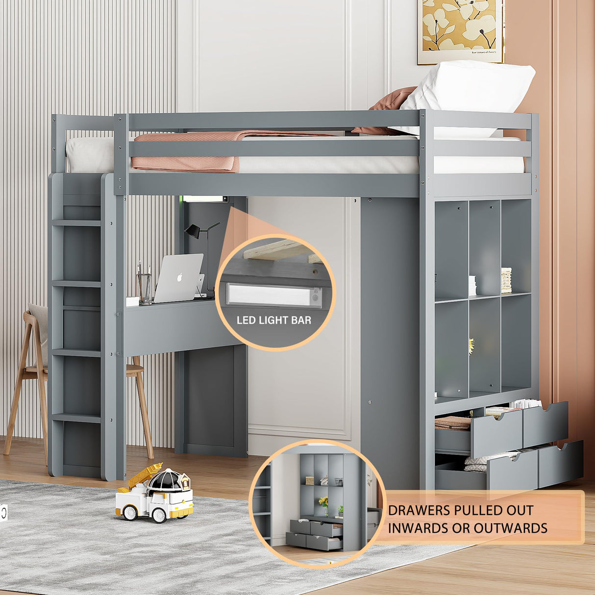 Harper & Bright Designs Twin Size Loft Bed with Desk & Storage Shelves, Wood Loft Bed Twin Size with LED Lights, Hight Loft Bed Frame for Kids,Boys,Girls,Teens, Gray Harper & Bright Designs