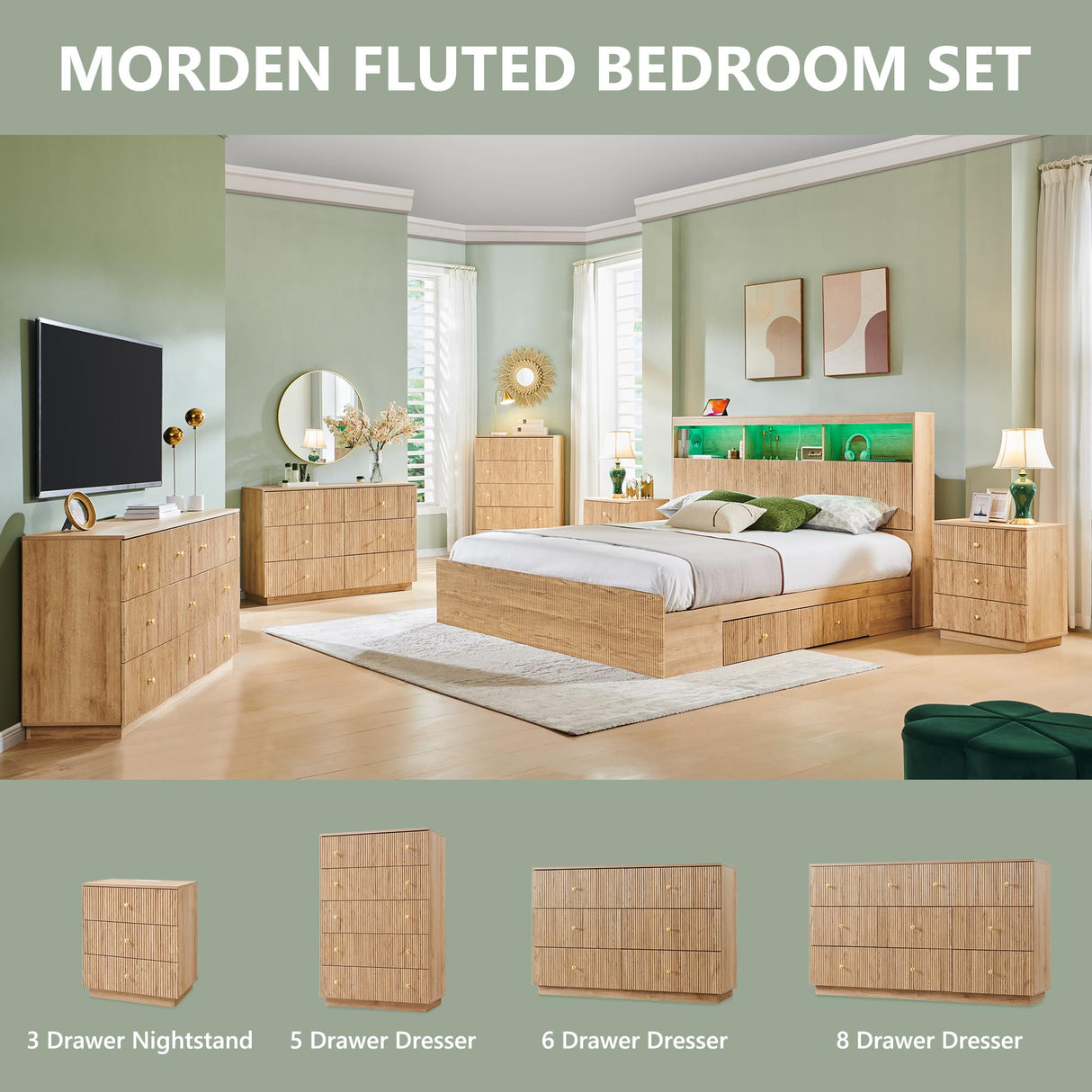 wow97e Fluted Night Stand with Charging Station, 21.65" Nightstand with Drawer, 3 Drawer Dresser for Bedroom, Morden End Table Bedside Table Chests of Drawers for Bedroom, Living Room, Natural wow97e