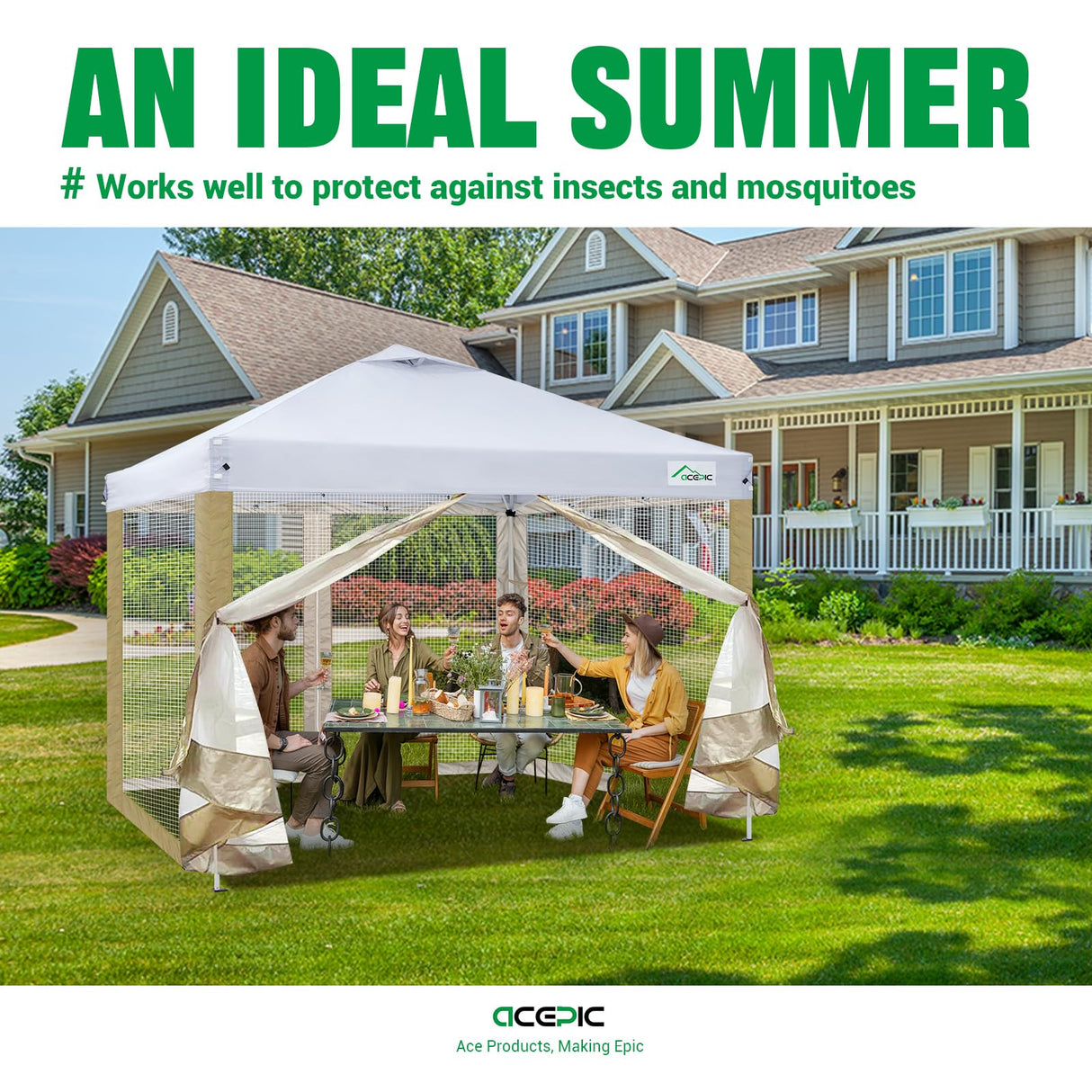 Acepic Gazebo Universal Replacement Mosquito Netting,10' x 10' Outdoor Mesh Netting Screen 4-Panel Sidewall with Zipper for Patio, Canopy, Garden and Backyard,(4PCS Mosquito Net Only,Khaki) Acepic