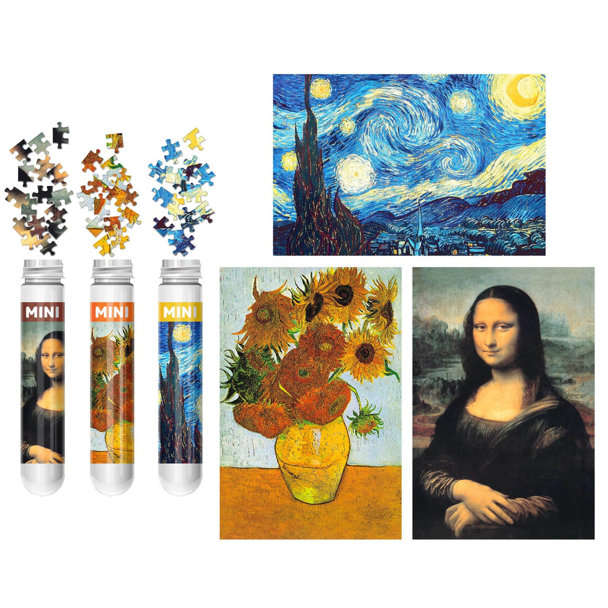 150 Pieces Mini Jigsaw Puzzles for Adults & Kids, 6" x 4" Small Jigsaw Puzzles Capsule Tube Jigsaw Puzzles Intelligent Game, Starry Night Mona Lisa Sunflower 3 Pack LOSFPVR