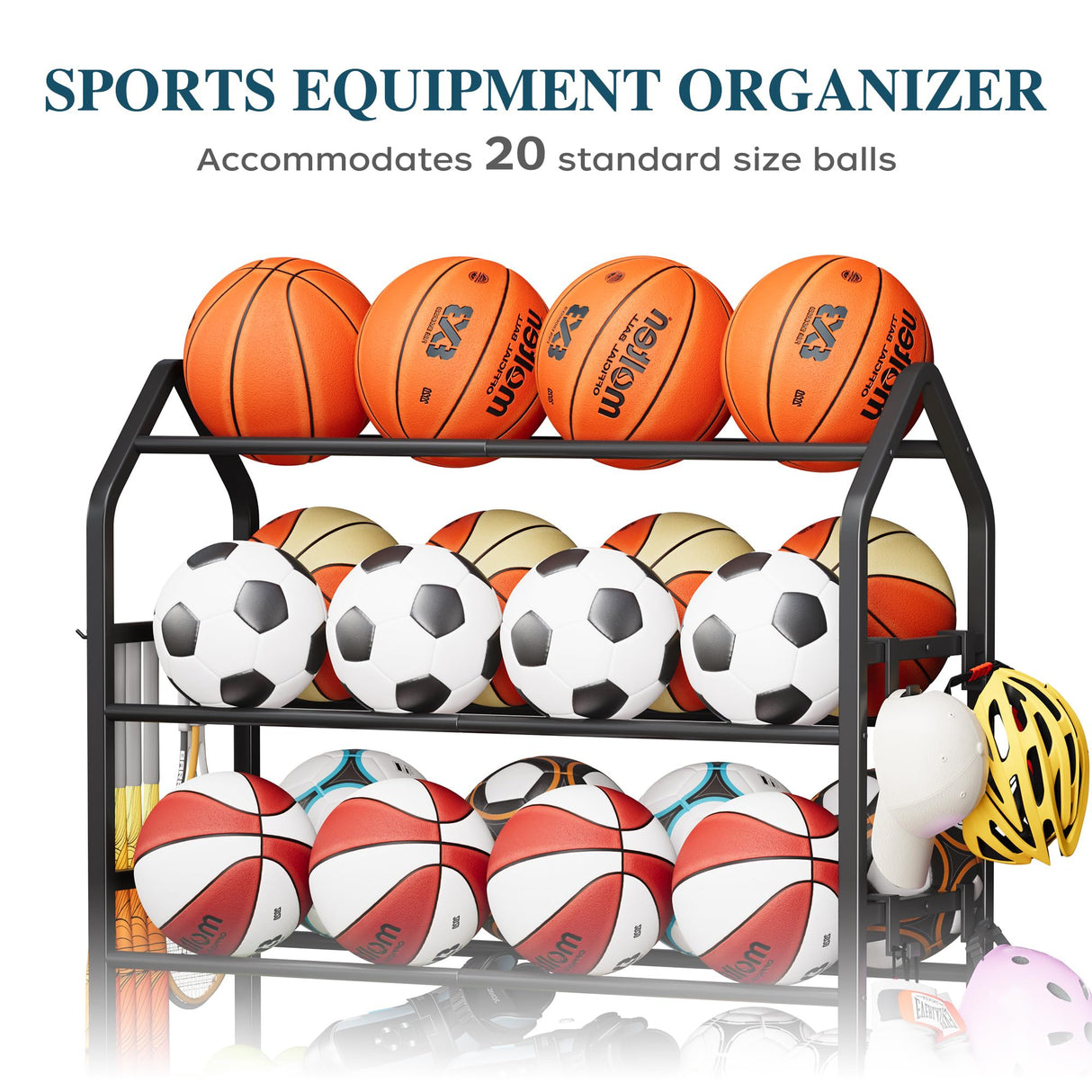 Homeiju Sports Equipment Organizer, Ball Storage Rack, Garage Sports Gear Rack with Wheels and Hooks, Indoor/Outdoor Shelf Rack for Sports Gear, Black Homeiju