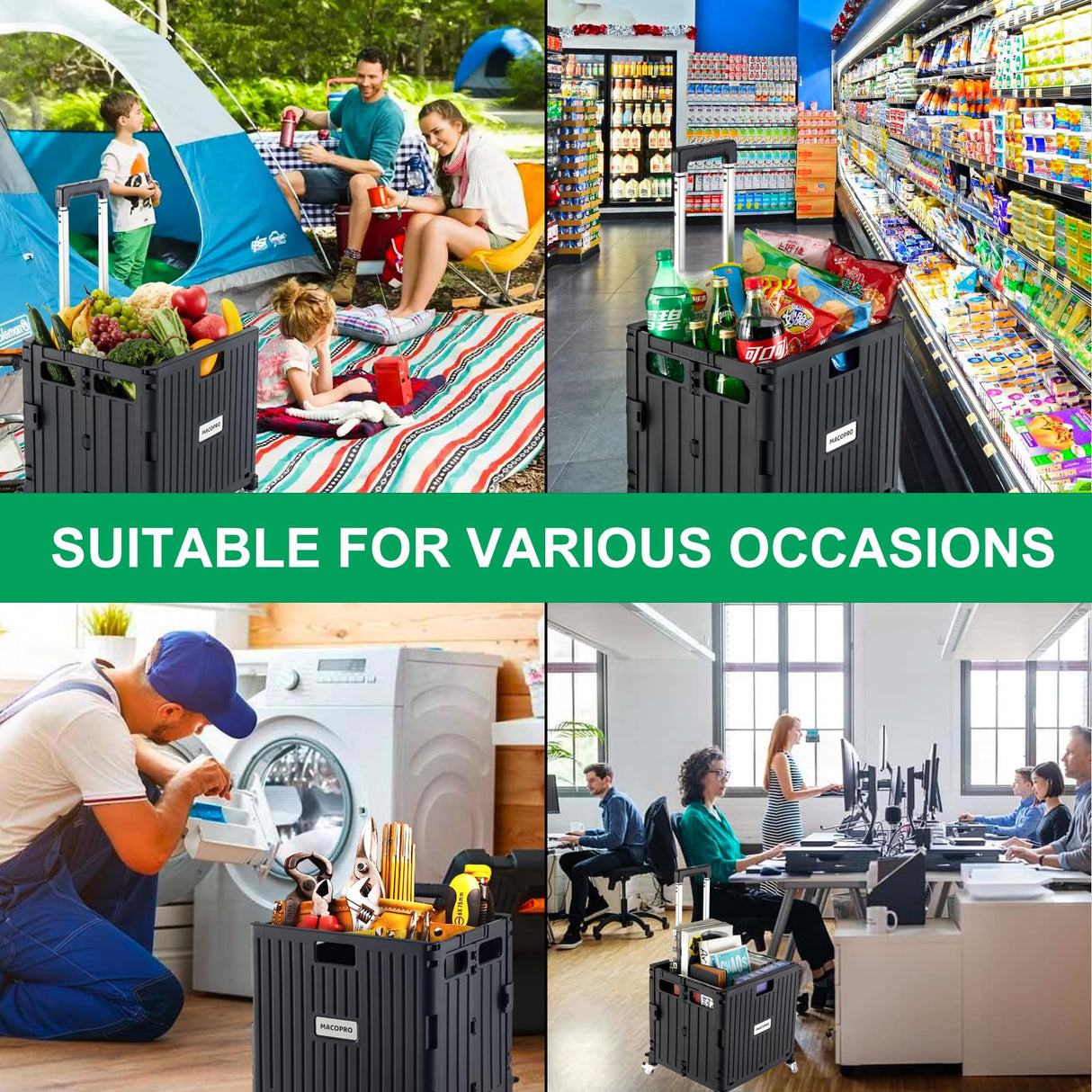 MACOPRO Folding Utility Cart Portable Rolling Crate Handcart Shopping Trolley Collapsible Tool Box, with Lid, Basket on 4 Rotate Wheels, for Grocery, Office, Luggage, Teacher (Black) MACOPRO