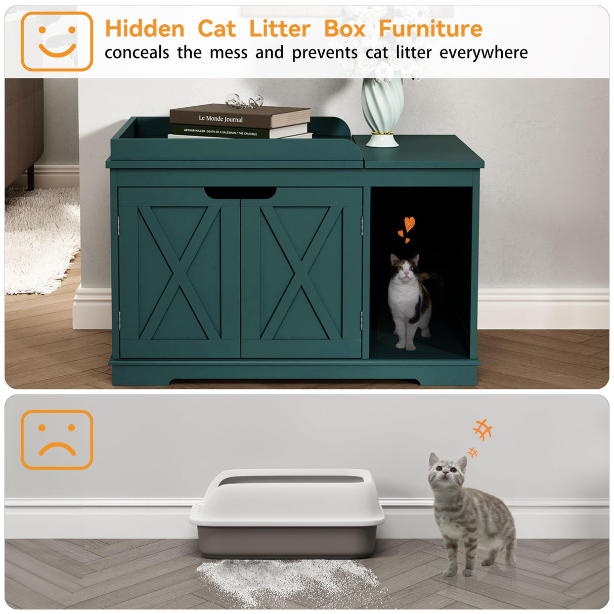 PUPETPO Flip Top Cat Litter Boxes Enclosure Covered Litter Box Hidden Furniture Wooden Cat Washroom Cabinet for Kitty, Medium and Large Cat Green PUPETPO