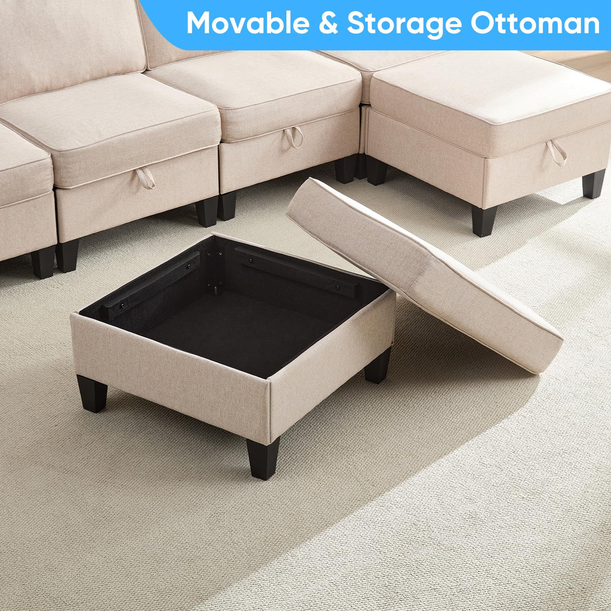 Mjkone 109" Width Modular U Shaped Sofa Couch with Storage, Convertible Sectional Couches for Living Room Sets Furniture with Reversible Chaise, 4 Seat Sofa Couch with Ottomans for Home Office, Beige Mjkone