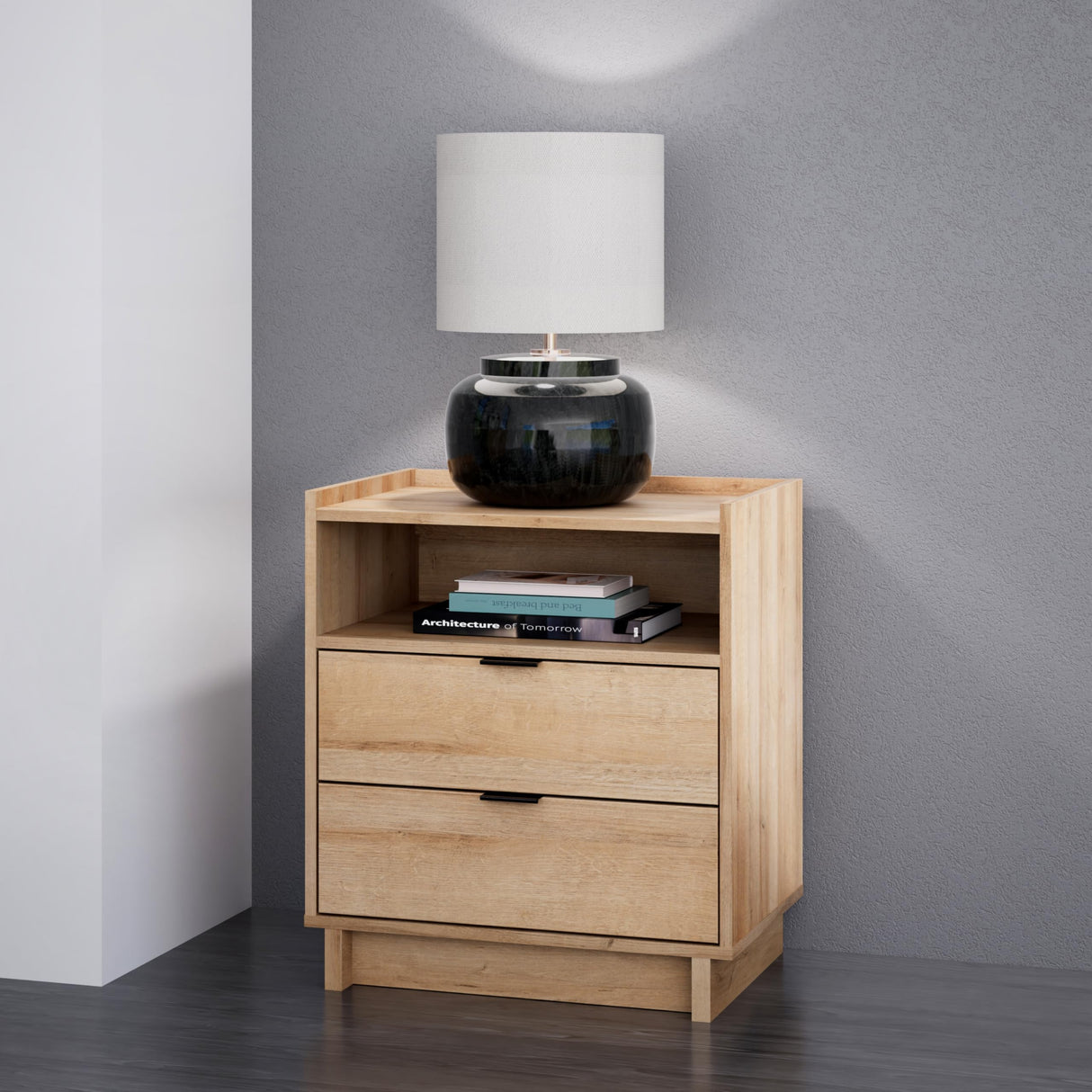 Prepac Simply Modern Nightstand Bedside Table, Natural Oak Nightstand for Bedroom, End Table with 2 Drawers and Open Shelf 23.75" W x 26.75" H x 16" D Prepac