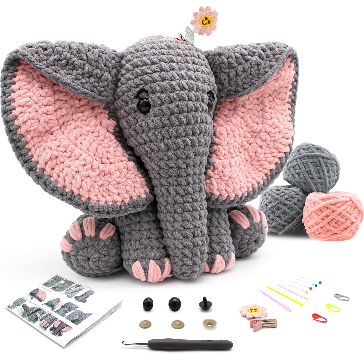 CODGP Crochet Kit,13in Crochet Animal Kit Elephant,Crochet Starter Kit Gift for Adults Kids with Yarn Sets,Amigurumi Crochet Kits with Step-by-Step Video Tutorials CODGP