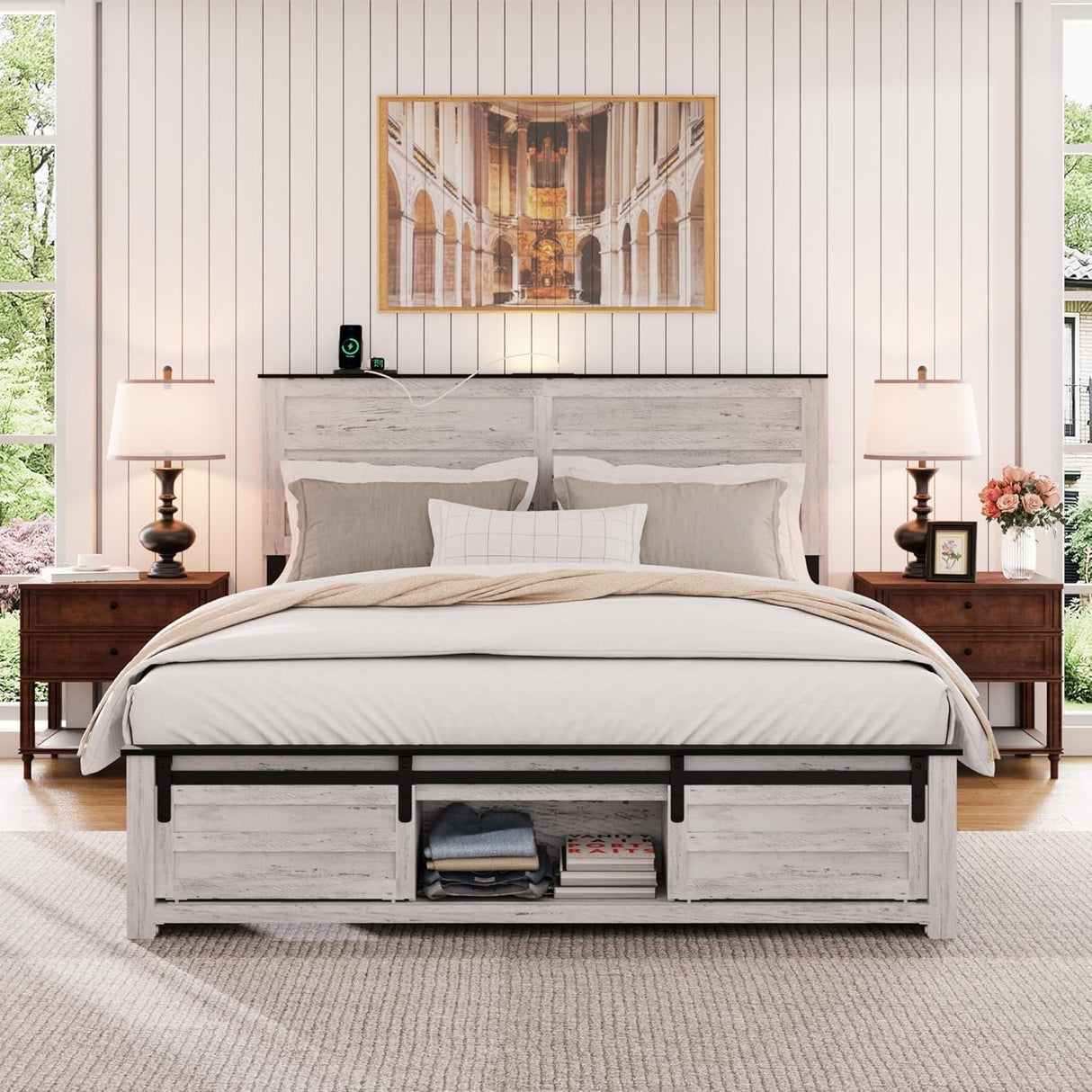 Queen Bed Frame with Storage Headboard, Metal Platform Bed Frame with 3 Storage Compartments, Built-in Charging Station and LED Lights, No Box Spring Required, Noiseless, Easy Assembly,Antique White QNICE