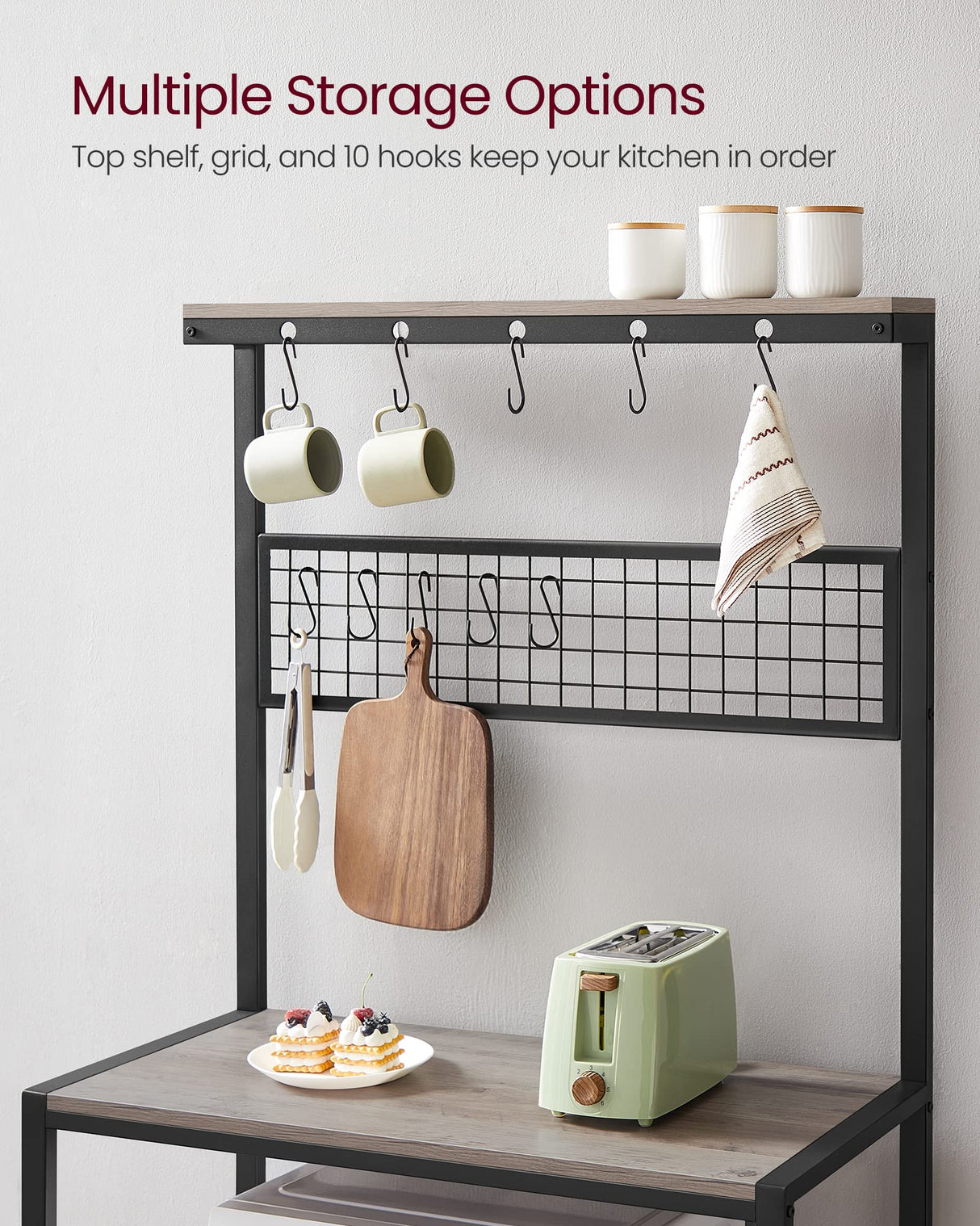 VASAGLE Bakers Rack, Coffee Bar, Kitchen Storage Shelf Rack with 10 Hooks, 3 Shelves, Adjustable Feet, for Microwave Oven, 15.7 x 33.1 x 66.9 Inches, Industrial, Greige and Black UKKS017B02 VASAGLE