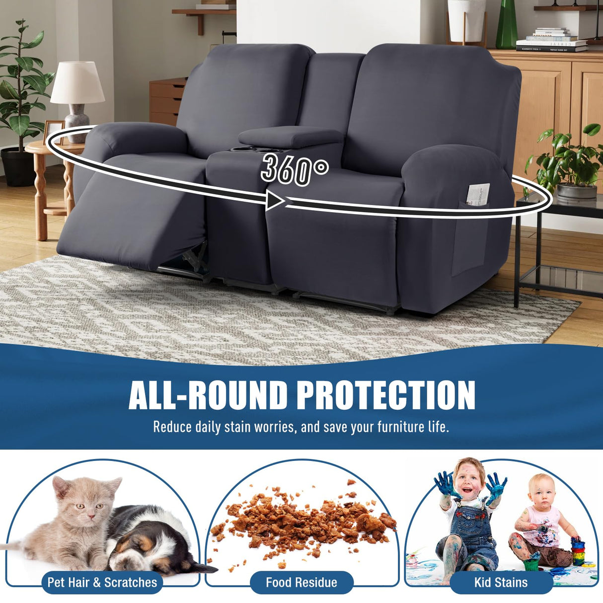 TAOCOCO Reclining Loveseat with Middle Console Slipcover, 4 Piece Polyester Fabric Stretch Loveseat Reclining Sofa Covers (Gray, 2 Seat Recliner Cover with Console) TAOCOCO