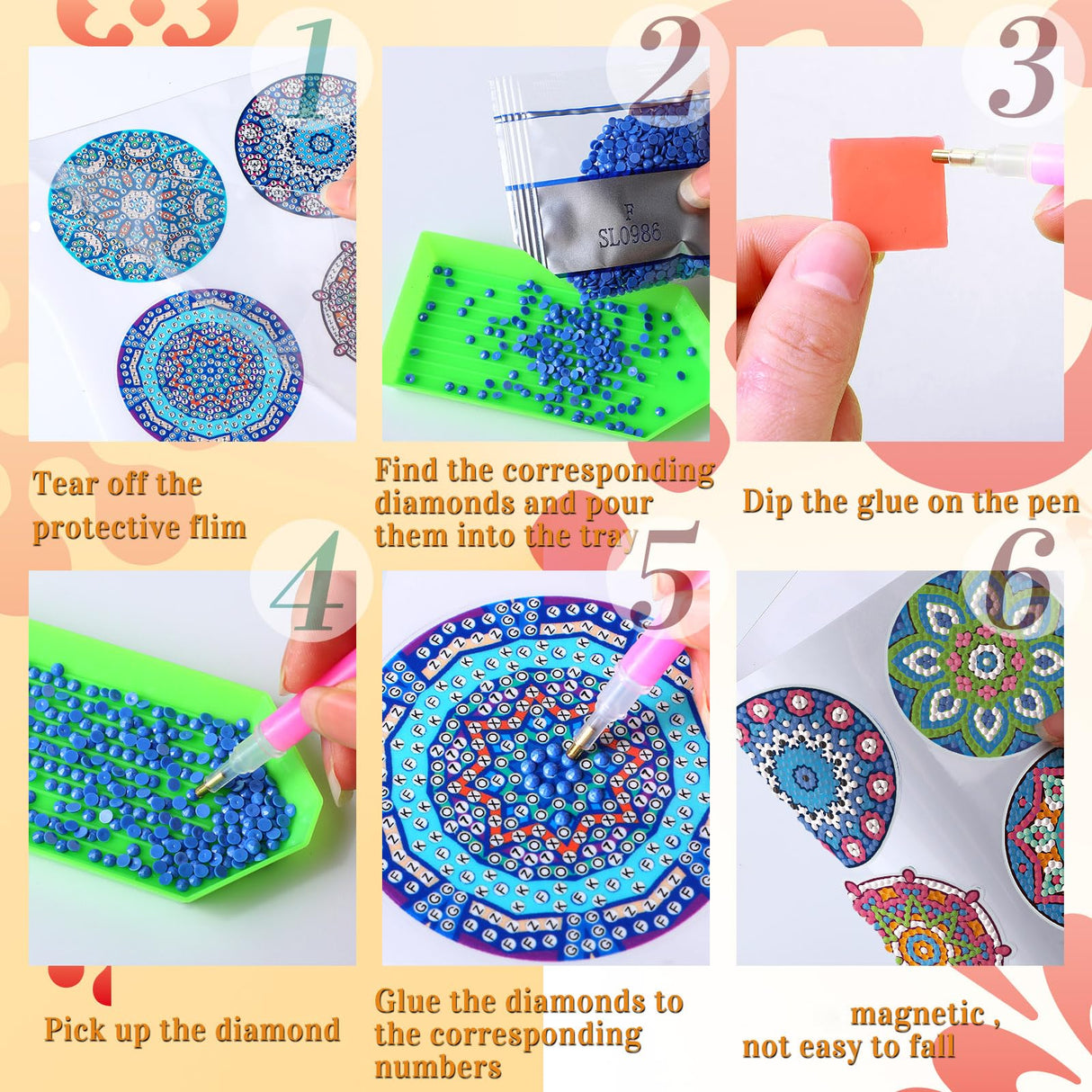 Saillong 36 Pcs Mandala Diamond Painting Sticker 5d DIY Diamond Sticker Mandala Painting Creative Decals Resin Rhinestone Gem Art Kits for Refrigerator Boho Home Crafts Adults Gift Decor Saillong