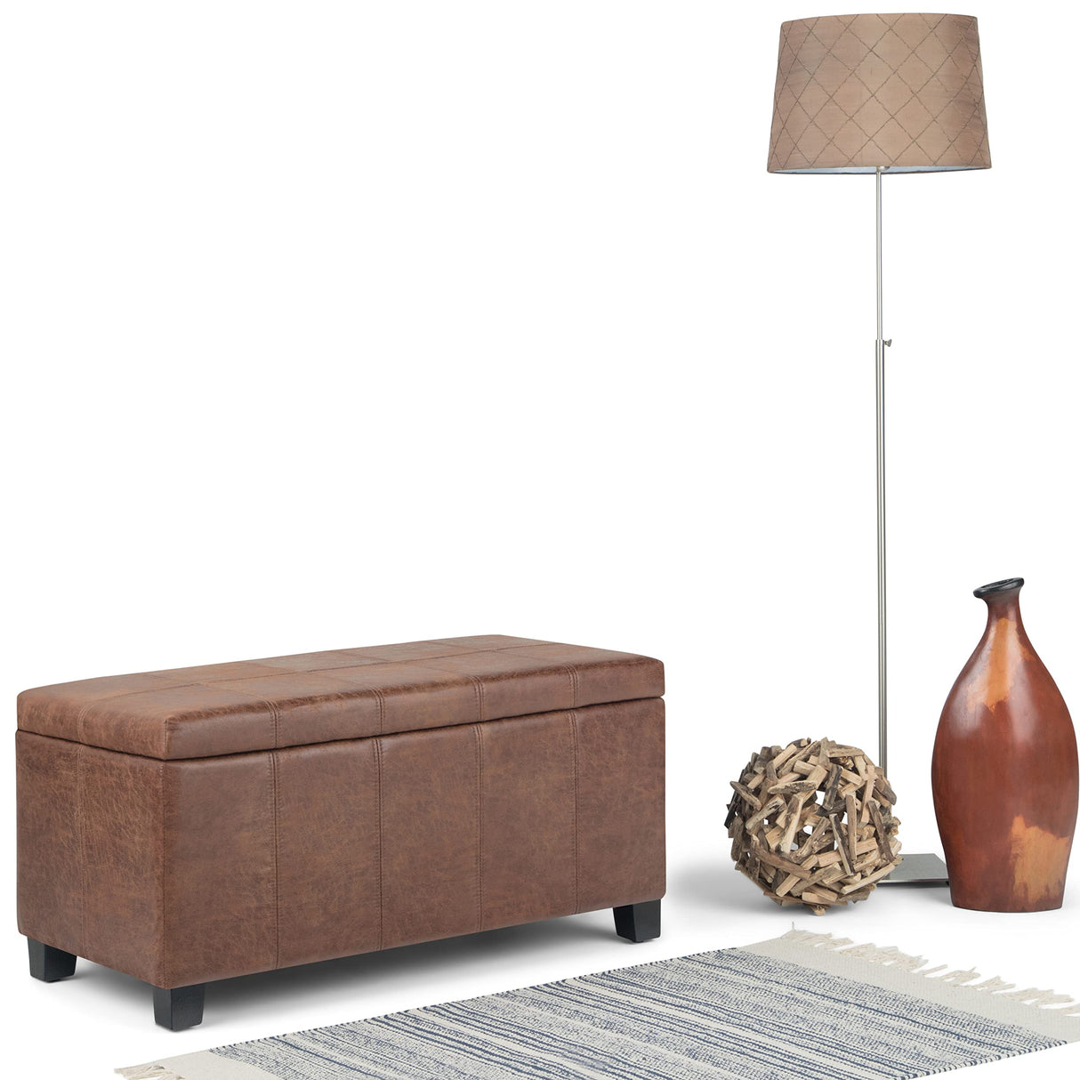 SIMPLIHOME Dover 36 inch Wide Contemporary Rectangle Storage Ottoman Bench in Distressed Umber Brown Vegan Faux Leather, Assembled, For the Living Room, Entryway and Family Room SIMPLIHOME