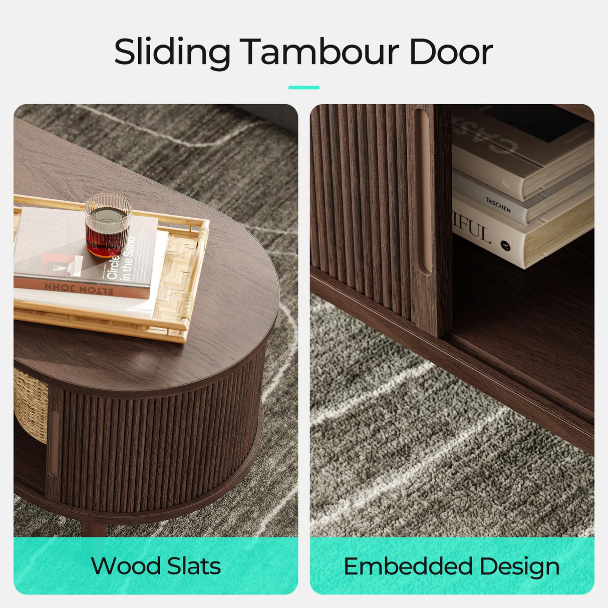 LINSY HOME Oval Coffee Table, Wood Coffee Table with Storage, Fluted Accent Center Table with Sliding Tambour Door, 39" Mid Century Modern Coffee Tables for Living Room, Bedroom, Apartment, Walnut LINSY HOME