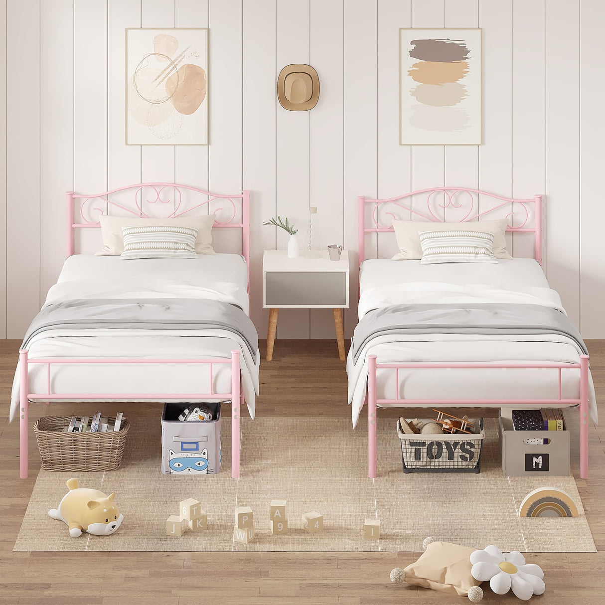 VECELO 14 Inch Twin Size Metal Platform Bed Frame with Headboard and Footboard, Heavy Duty Mattress Foundation with Steel Slats Support, No Box Spring Needed, Pink VECELO