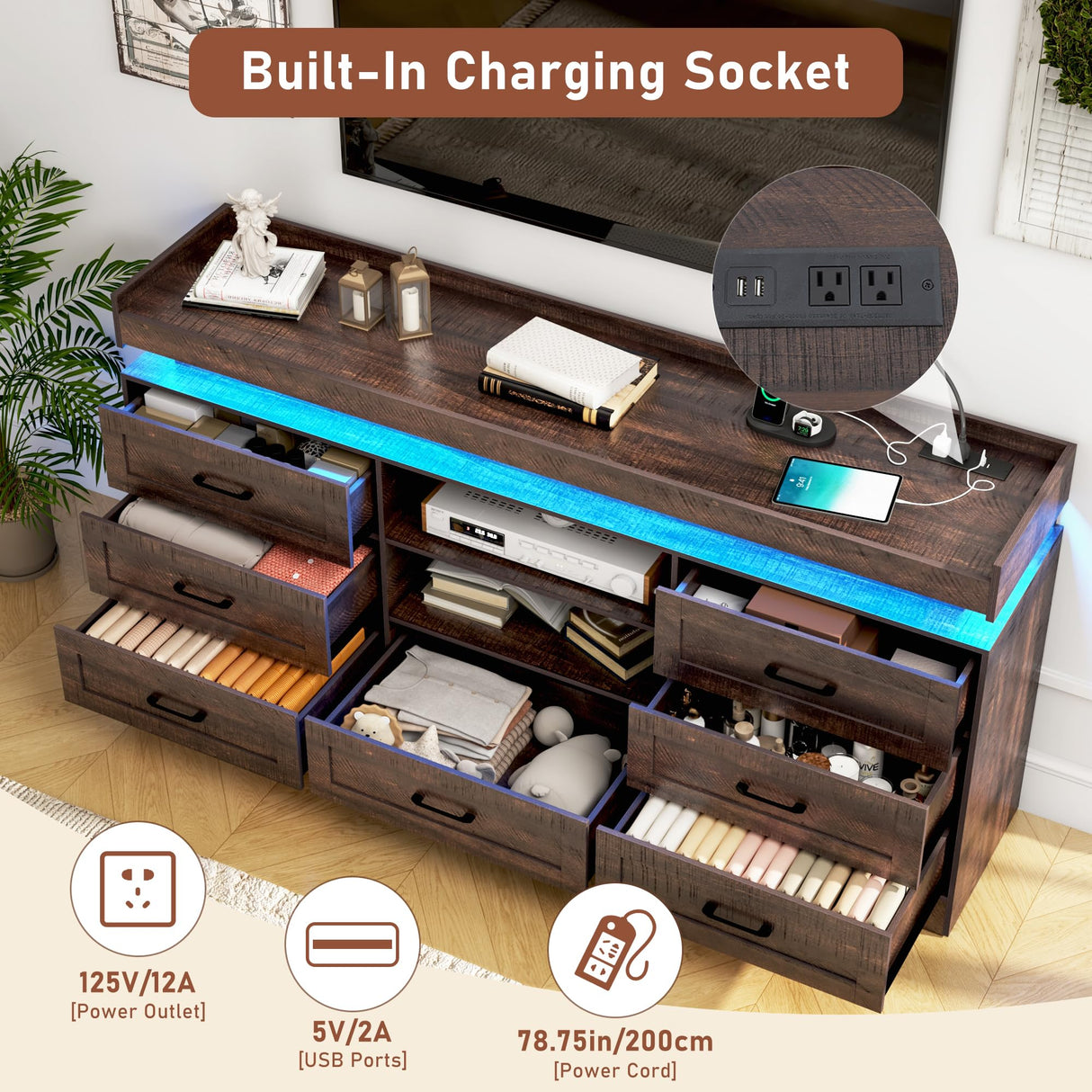 70"W Large Drawers Dresser,Tall Farmhouse 7 Drawers Dresser for Bedroom +2 Open Storage Shelves,with LED Light and Power Outlets,Wide Wood 7 Chests of Drawers for Closet for Bedroom(Antique Brown) chartustriable