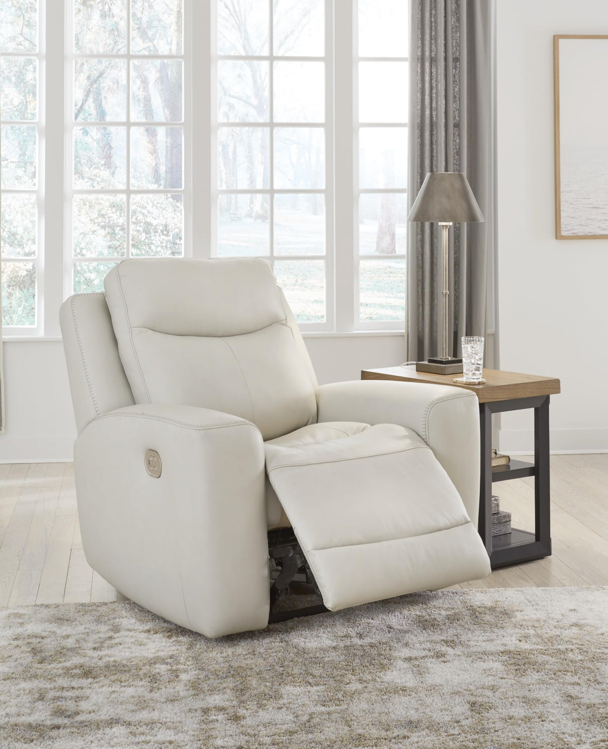 Signature Design by Ashley Mindanao Contemporary Leather Match Upholstered Power Recliner with Adjustable Headrest and USB Ports, Light Gray Signature Design by Ashley