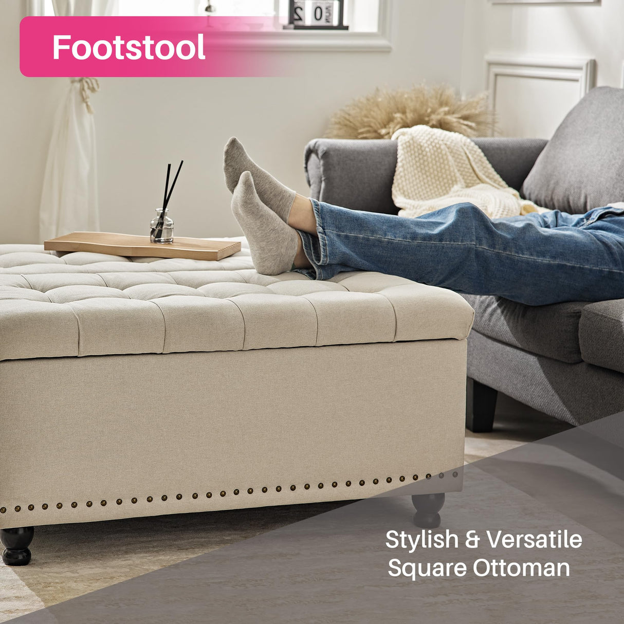 Redlife 35 Inch Large Square Storage Ottoman Bench, Storage Ottoman Coffee Table Large Square Ottoman with Storage Lift Top Tufted Storage Ottoman for Living Room (Beige) Redlifeᅟᅠ