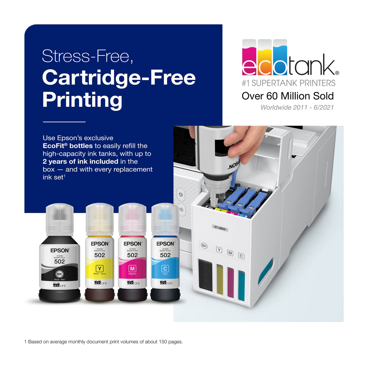 Epson EcoTank ET-2850 Wireless Color All-in-One Supertank Inkjet Printer, White - Print Scan Copy - 10 ppm, 4800 x 1200 dpi, Auto 2-Sided Printing, Voice-Activated Epson