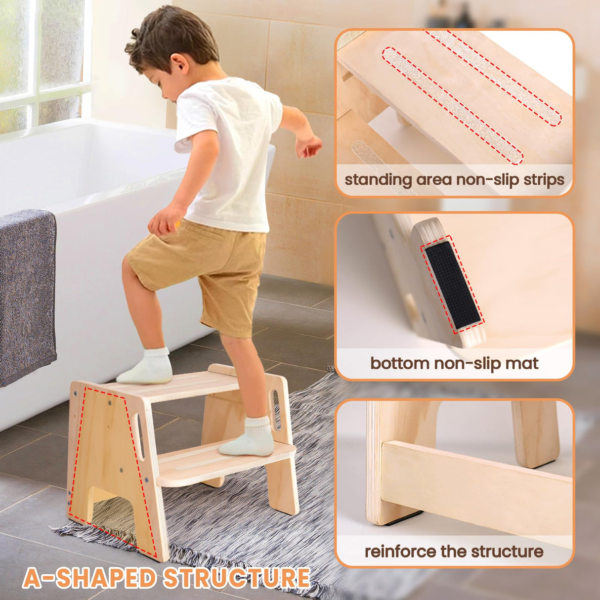 Toddler Step Stool, Wooden Height-Adjustable 2-Step Stool for Kids, Potty Training Stool with Handles for Bathroom Sink, Kitchen, Bedroom Woodure