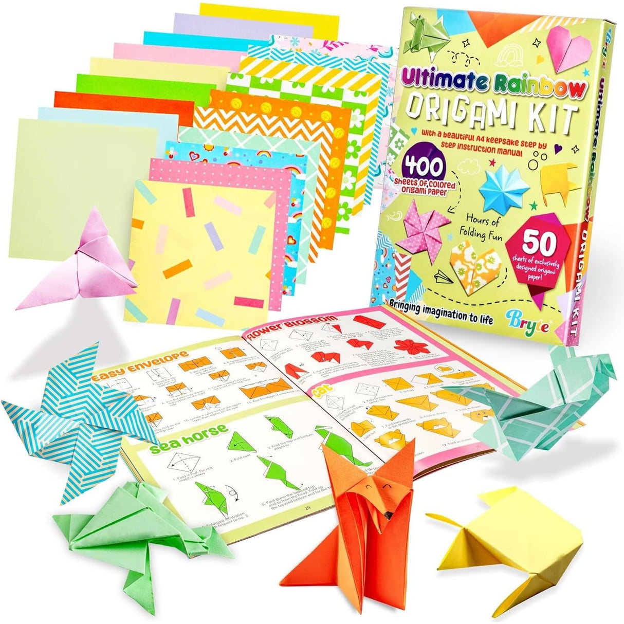 BRYTE Ultimate Rainbow Origami Kit with 450 Fun Colorful Papers, Gift-Ready Crafts for Girls Kids Ages 8-12 BRYTE