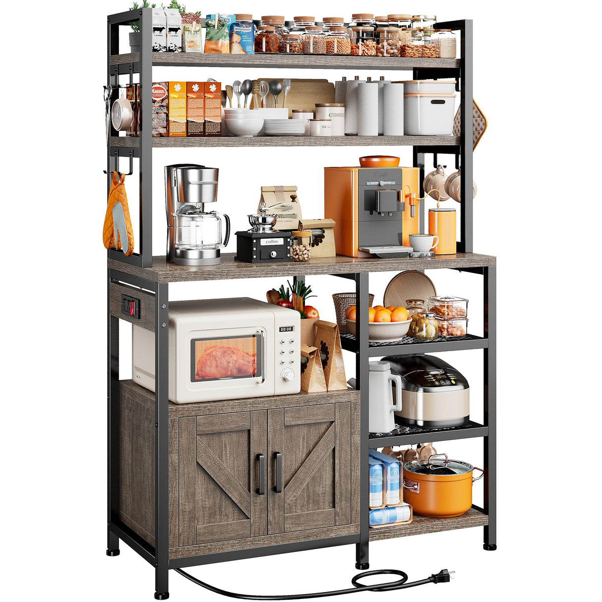 EnHomee Bakers Rack with Power Outlet, 6 Tier Coffee Bar with Storage Cabinet, Microwave Stand with Side Hooks, Utility Shelf for Kitchen EnHomee