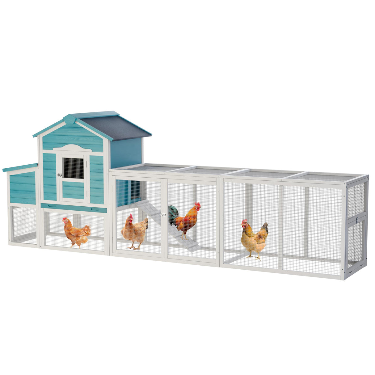 Large Wood Chicken Coop for 2-6 Chickens, 122" Chicken Coop with Nest Box, Removable Tray & UV Resistant Roof, Outdoor Hen House with Sliding Door and Ramp Mochalight