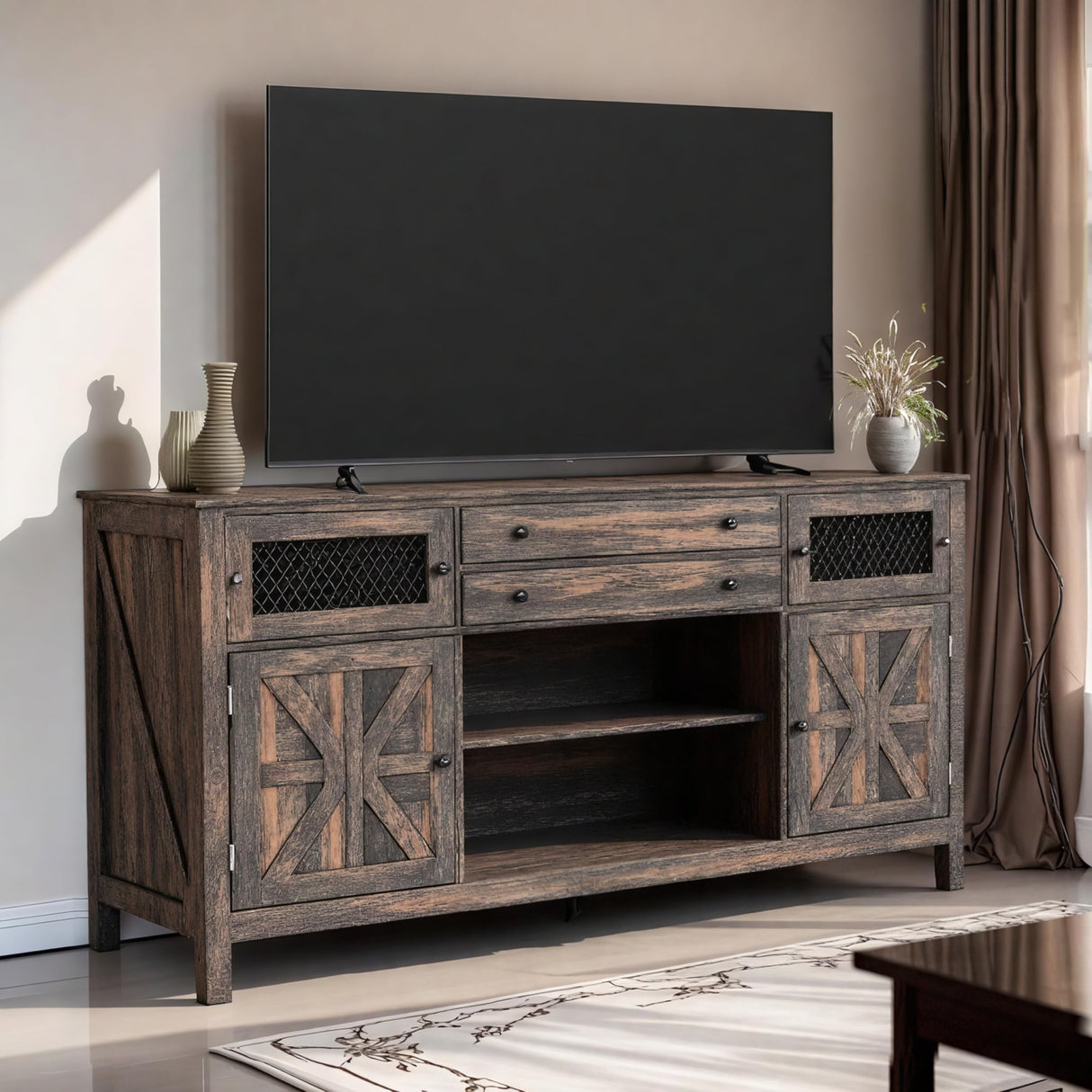 YITAHOME Farmhouse TV Stand for TVs up to 65", Entertainment Center with 2 Large Drawers & Visual Grid Door, 59" Rustic TV Consoles for Living Room, TV Media Console, Dark Rustic Oak YITAHOME