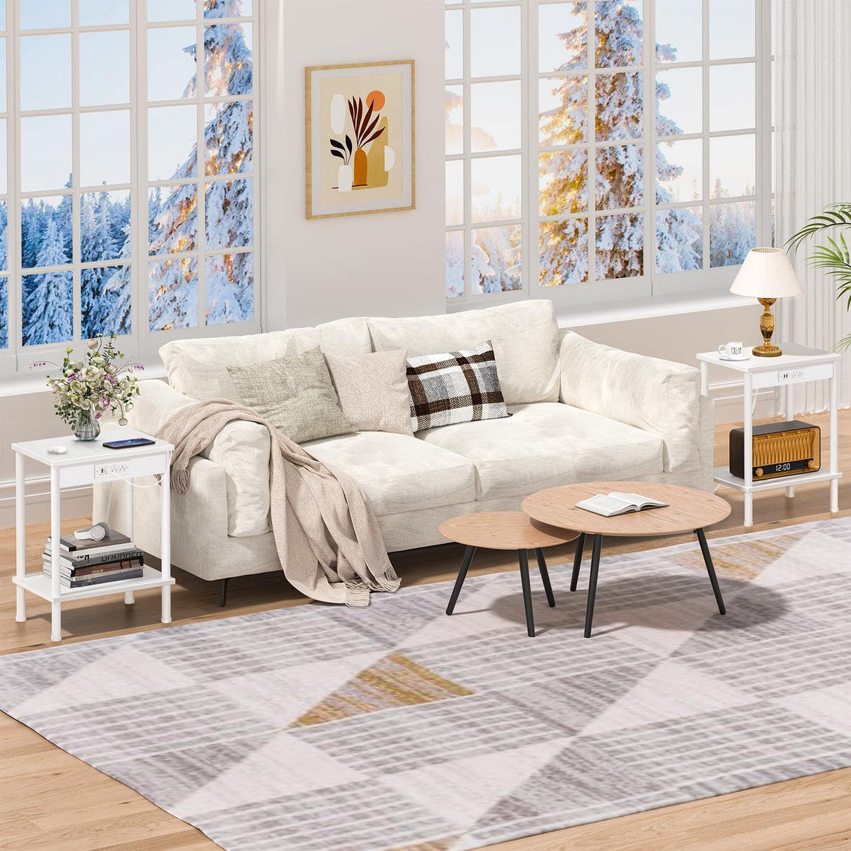 YUFAM End Table with Charging Station,Small Side Table,2-Tier Nightstand with Storage Shelf,Sofa Bedside Table for Small Spaces in Living Room,Bedroom,Office,Easy Assembly,White YUFAM