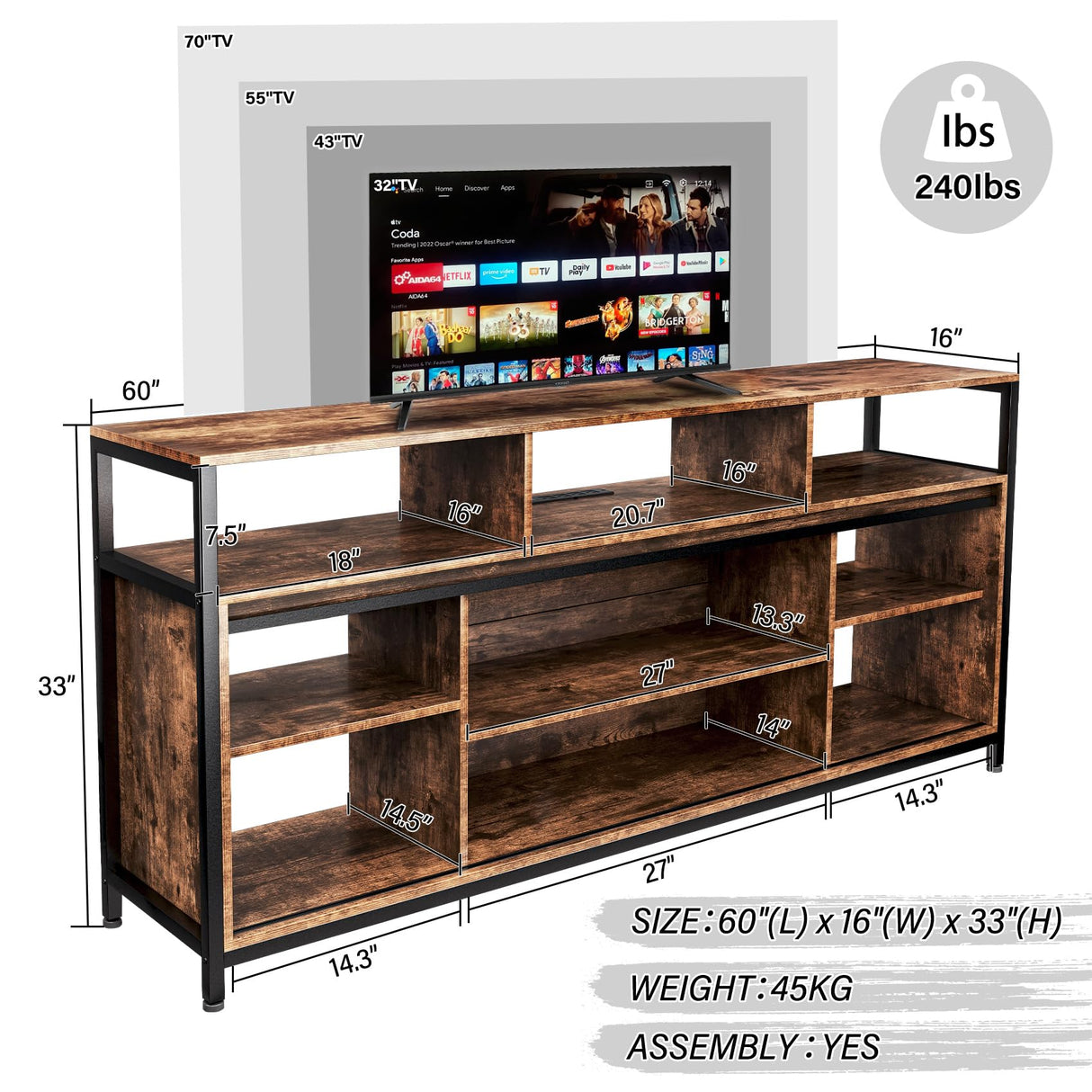 TC-HOMENY Brown TV Stand for 65 inch TV, Mid Century Modern Style, Sliding Barn Door, Adjustable Shelves, Built-in Charging Station and LED Light Strip, 33" High TC-HOMENY