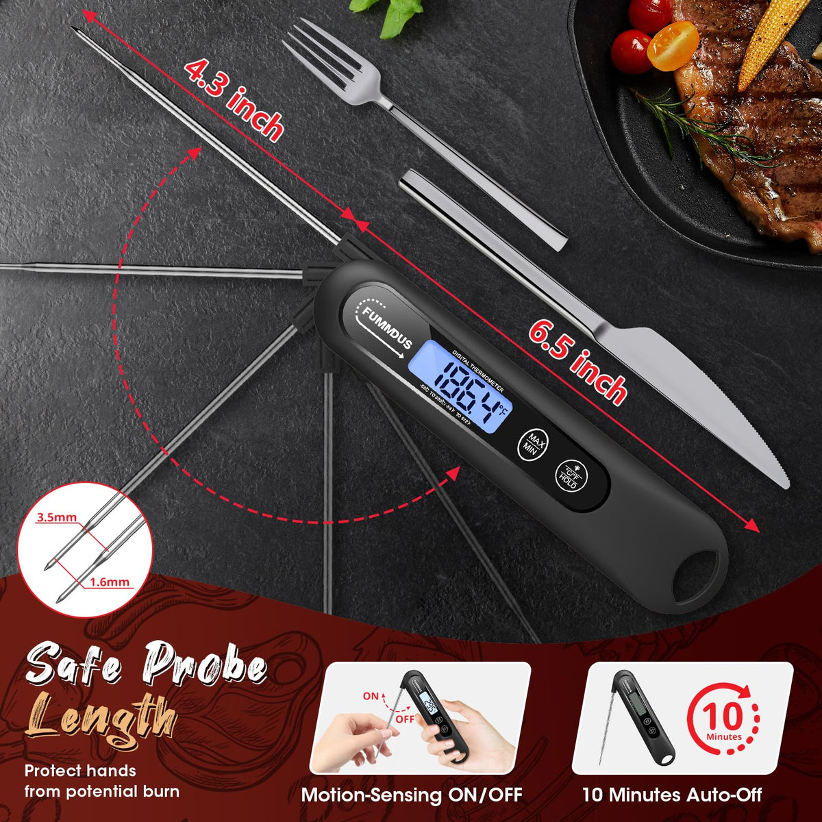 FUMMDUS Meat Thermometer Digital, 3S Instant Read Food Thermometer for Cooking with Backlight & Magnet, Foldable Temperature Probe Kitchen Gadgets Essentials for BBQ Oven Grill Smoker Candy FUMMDUS