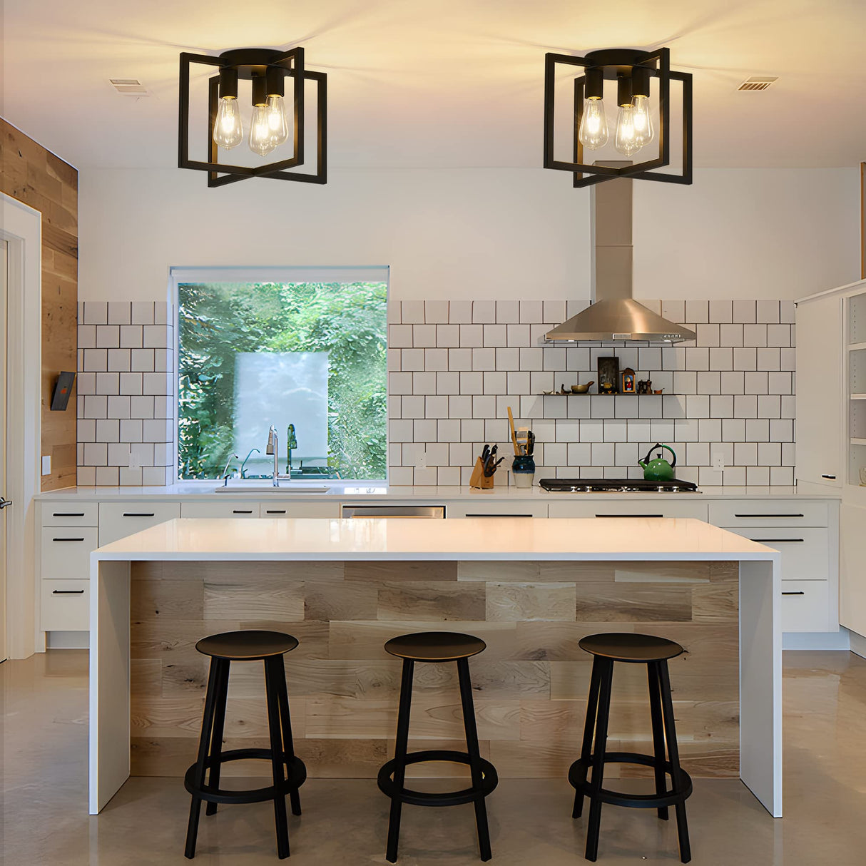 Bosomfr 3-Light Ceiling Light Fixture, Black Semi-Flush Mount Chandelier with Geometric Metal Shade, Farmhouse Industrial Lighting for Kitchen Living Room Bedroom Hallway Foyer, E26 Base Bosomfr