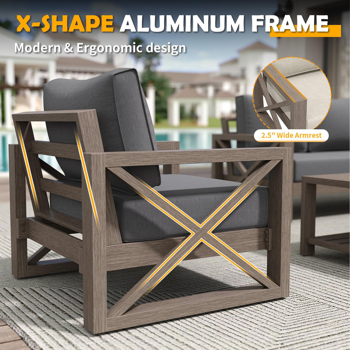 Amopatio Aluminum Patio Furniture Set, 8 Pieces Modern Metal Outdoor Furniture, Faux Wood Grain Finish Frame Patio Sofa Sets with 6" Cushion for Backyard, Dark Grey (Included Waterproof Covers) Amopatio