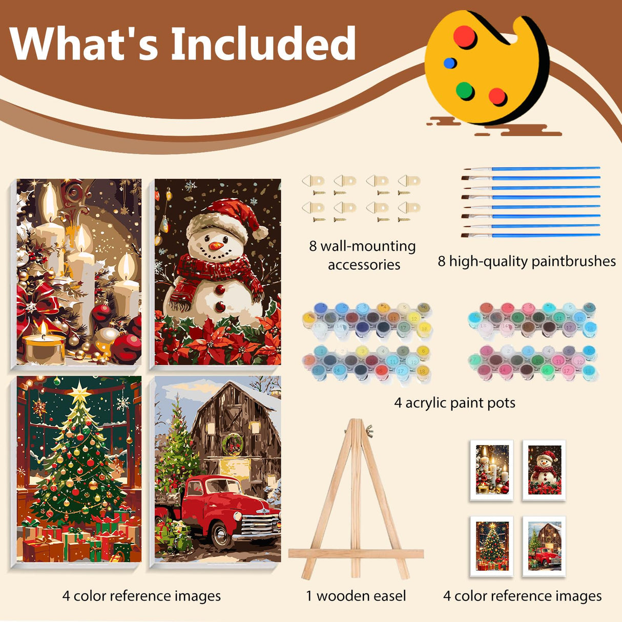 Reivworl 4 Pack Framed Paint by Numbers for Adults with Wooden Easel, Christmas Paint by Numbers Kit for Adults Beginner, Acrylic Painting by Number for Home Decor 8X12 Inch Reivworl