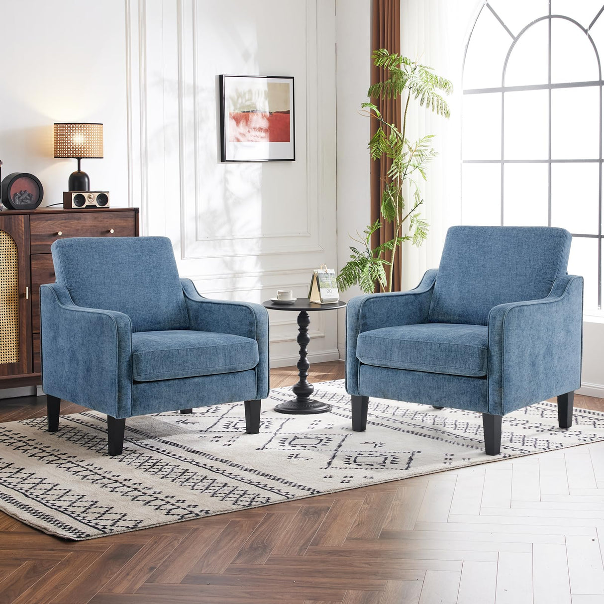 VINGLI Mid Century Modern Accent Chair,Navy Blue Chenille Chairs for Living Room Upholstered Armchair with Scooped Arms for Bedroom,Apartment,Studio,Office,Waiting Room VINGLI