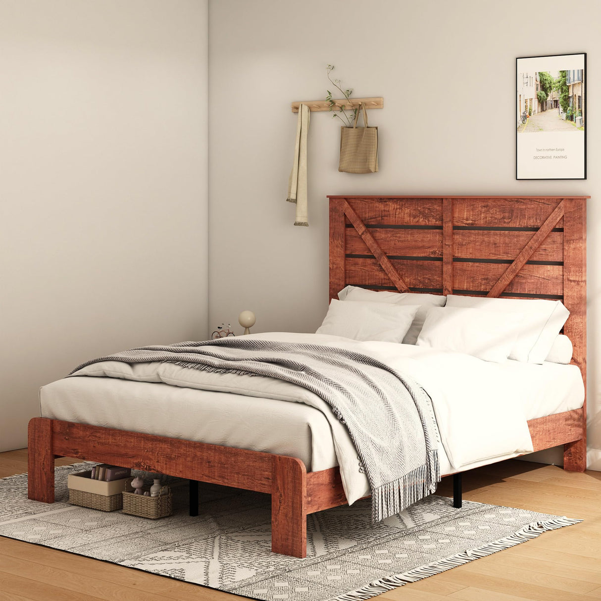 DSHADE Farmhouse Queen Wooden Platform Bed Frame with Headboard – Sturdy, Noise-Free, and Easy Assembly DSHADE