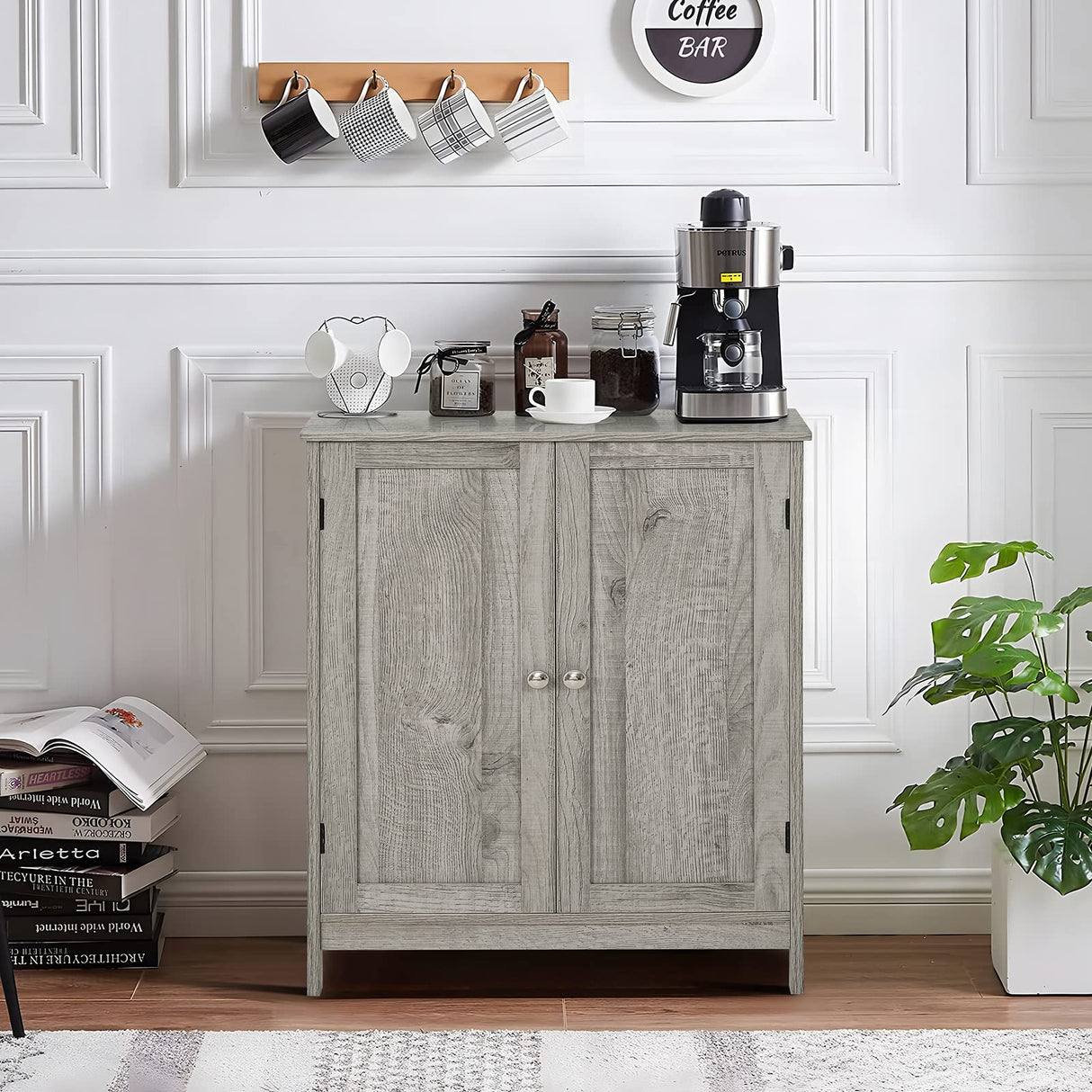 Iwell Storage Cabinet, Floor Storage Cabinet with 2 Adjustable Shelves & 2 Doors, Wooden Shoe Cabinet for Entryway, Office, Living Room, Gray Iwell