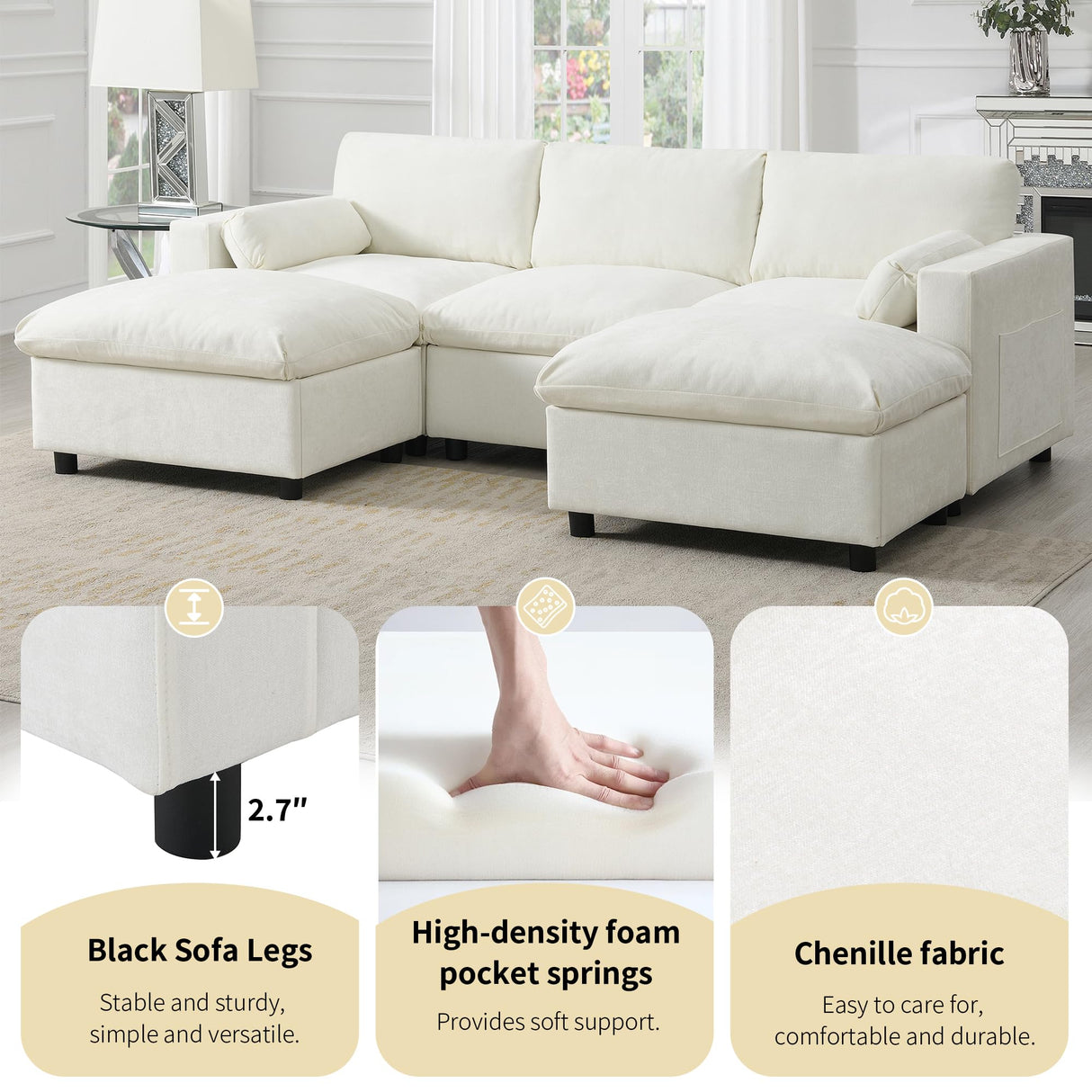 Merax 86.5" Sectional Sofa with Storage Pockets & Removable Ottomans, Cream 5 Seat U Shaped Sleeper Cloud Couch Set, Convertible L-Shaped Upholstered SofaBed for Living Room and Apartment, White Merax