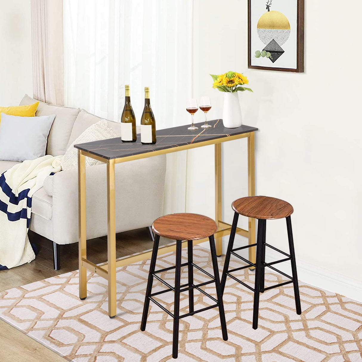 Aklaus 40" Bar Table,Rectangular Industrial Bar Height Table with Sturdy Gold Metal Frame Black Faux Marble Top,Pub Table High Top Dining Table Console Table for Dining Room Living Room Entryway Aklaus