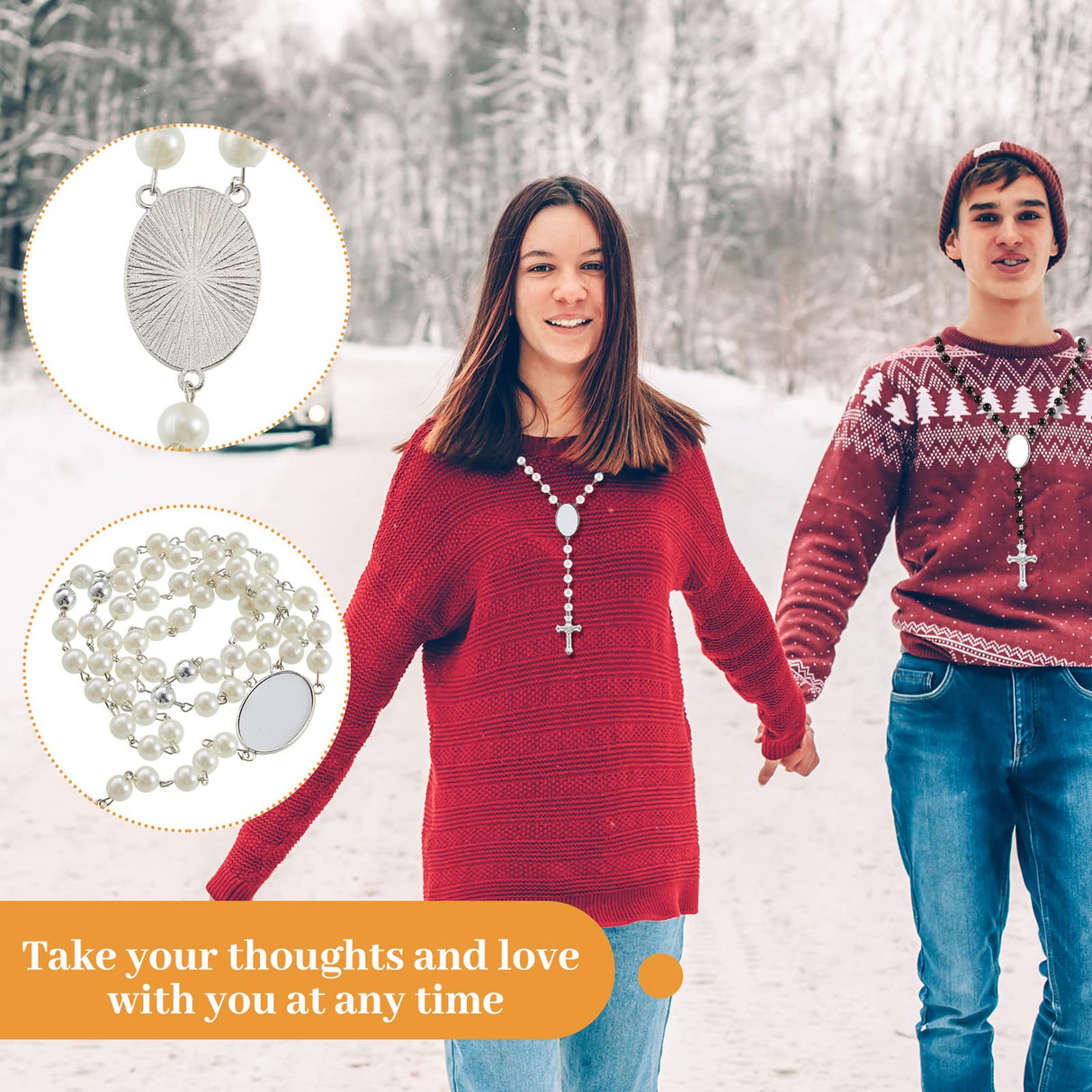 Sublimation Blanks Rosary Beads Necklace Set Catholic Rosary Printable Insert Rosary Necklace Prayer Beads Rosary with Sheer Organza Bags for Baptism Women Men Jewelry Gifts DIY Making (24 Set) Taiyin