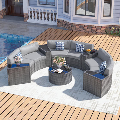 ABCASA Outdoor Patio Furniture Set with Coffee Table,11 Pieces Half-Moon Curved Outdoor Sectional Sofa and Side Table Waterproof Cover, Wicker Rattan Patio Coversation Set for Porch,Backyard(Grey)