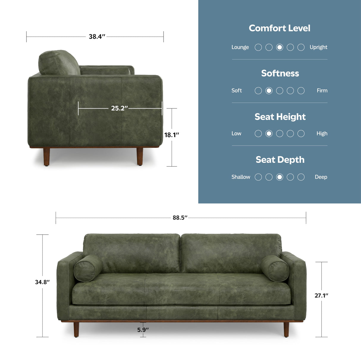 SIMPLIHOME Morrison 89-inch Wide Sofa in Moss Green Genuine Leather, Mid-Century Modern Design Couch for Living Room, Single Bench Cushion, 2 Back Cushions, 2 Bolster Pillows SIMPLIHOME